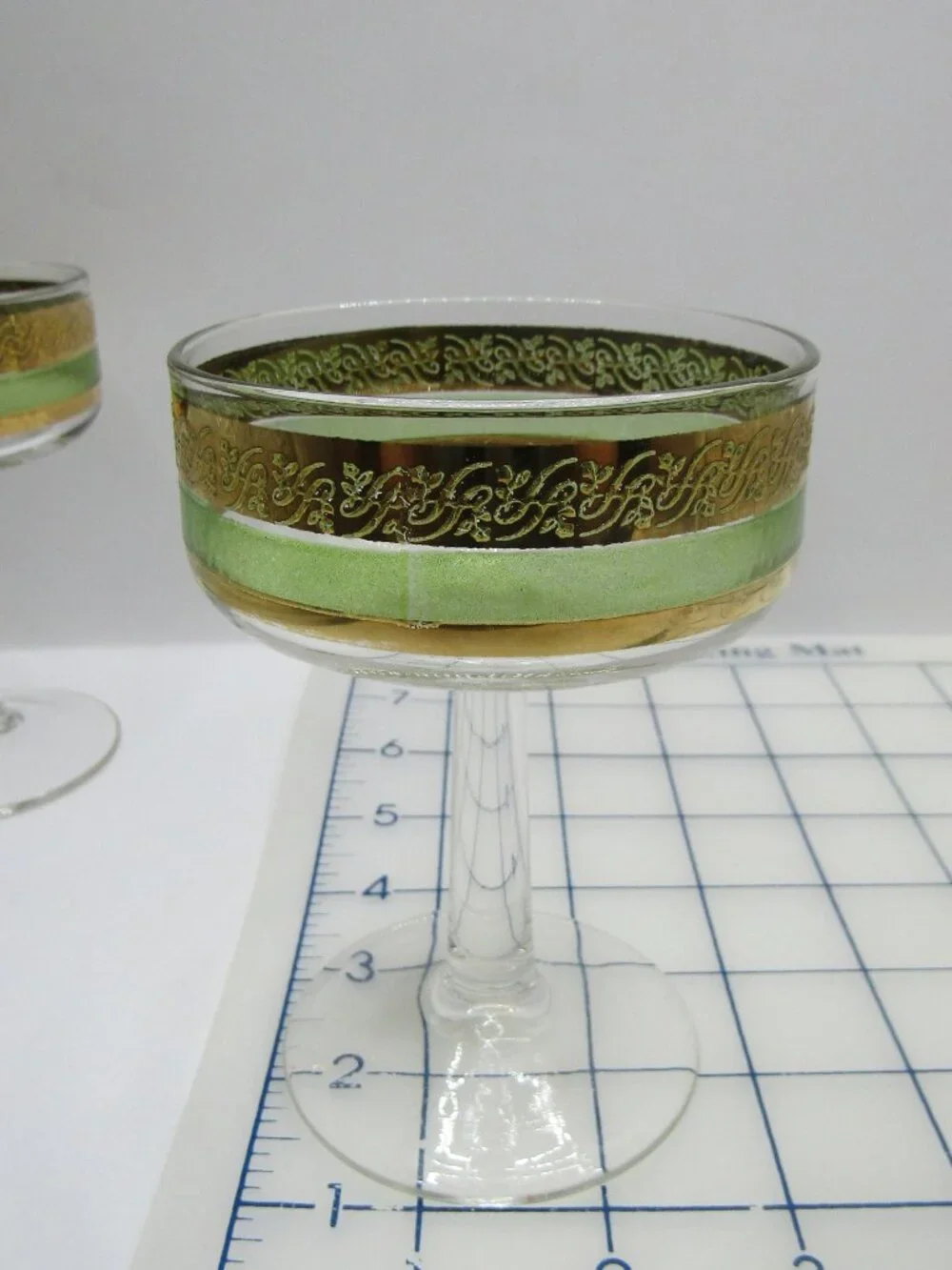 Set of Five Starlyte Green & Gold Scroll Coupe Glasses